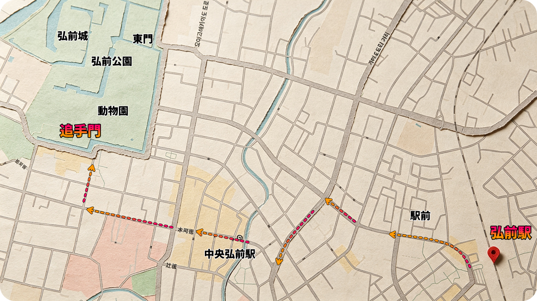 弘前駅前에서-市役所前까지의-경로