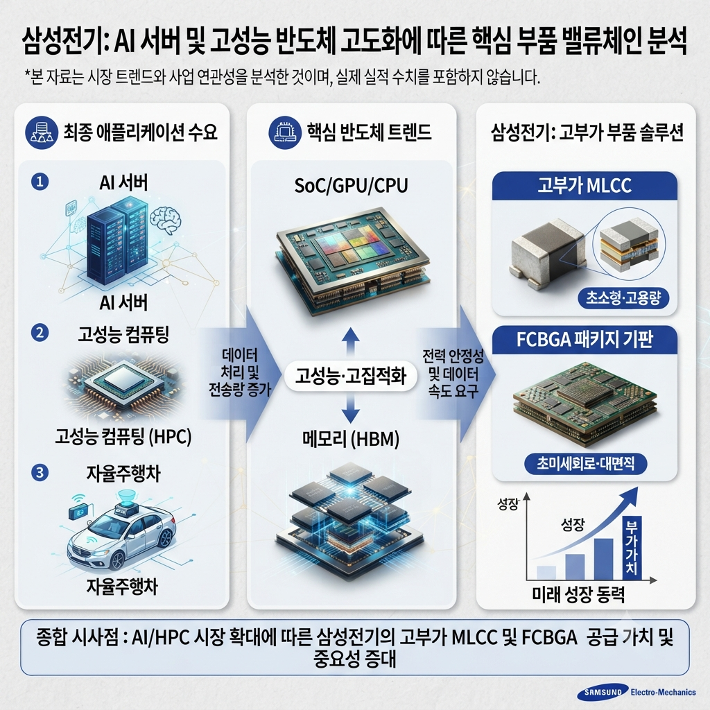 삼성전기 AI 서버용 MLCC와 FCBGA 성장성을 보여주는 금융 분석 이미지