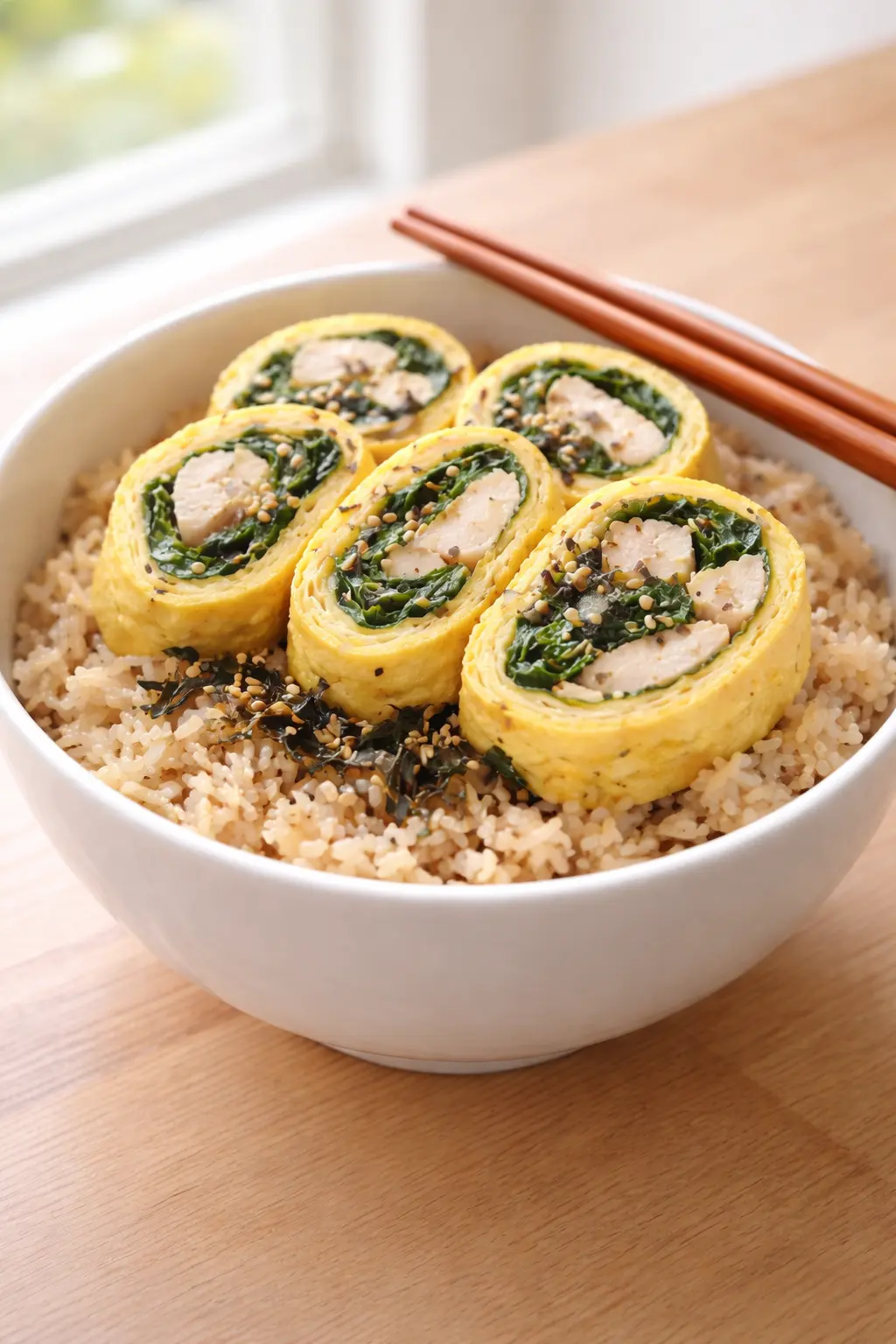 썰어 올린 계란말이 덮밥 위에 김가루와 통깨를 올린 한 그릇 플레이팅