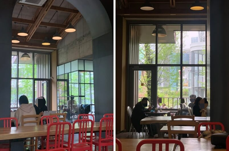 자연속 카페에서 여유를 즐기는 사람들