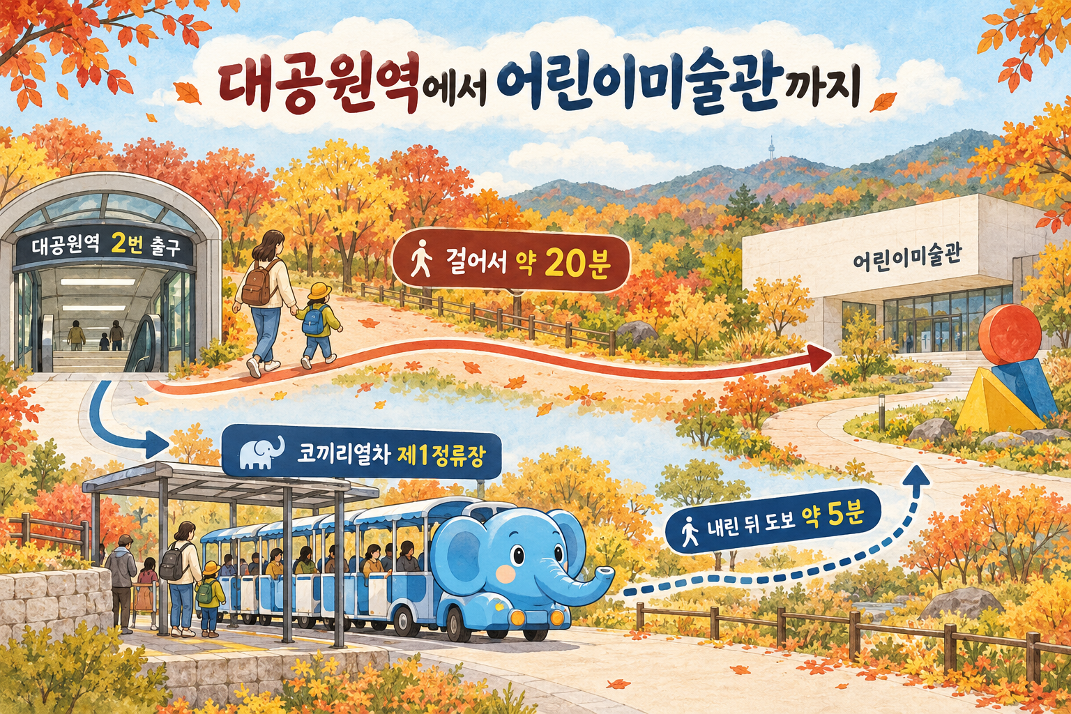 대공원역에서 도보 약 20분 또는 코끼리열차 제1정류장 하차 후 도보 약 5분으로 가는 방법