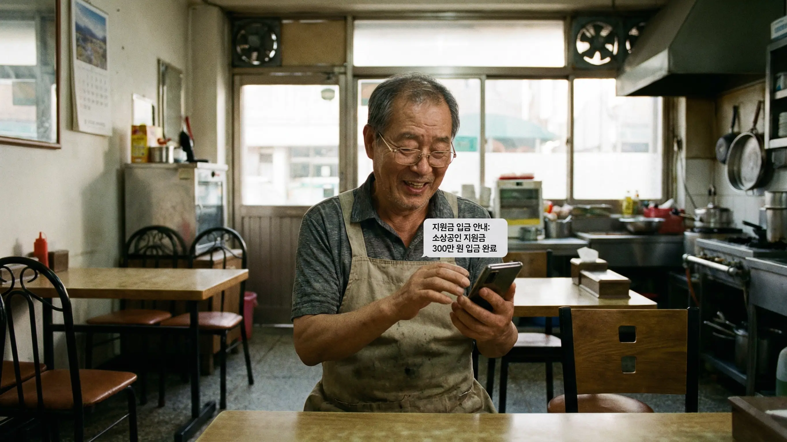 가게 안에서 스마트폰으로 지원금 입금 알림을 확인하고 안도하는 영세 자영업자 사장님의 모습