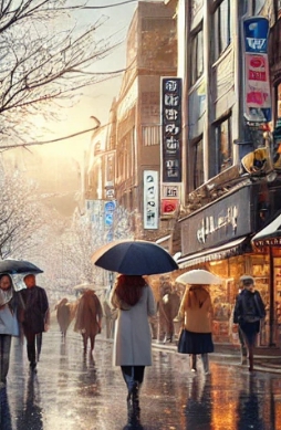 비오는 날 거리를 걷고 있는 사람들