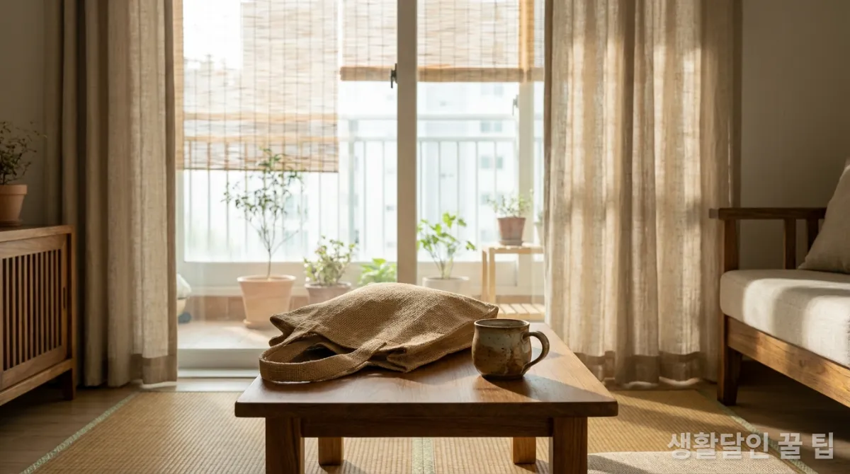 재활용 가능한 쇼핑백과 도자기 머그잔이 놓인 친환경적인 한국 가정집 인테리어