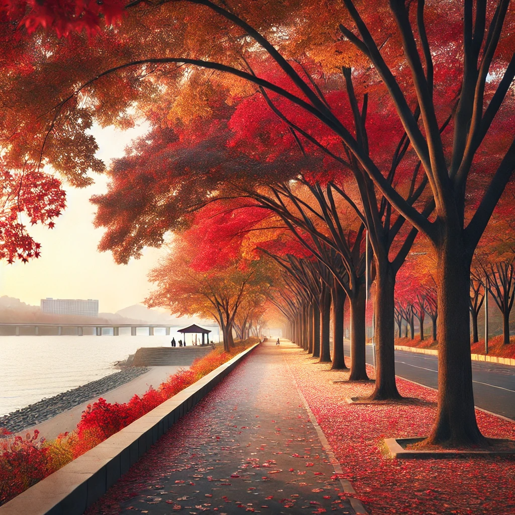 서울 한강공원의 가을 풍경&amp;#44; 붉은 단풍과 강가를 따라 걷는 사람들