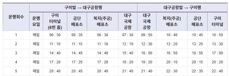 구미에서 대구공항 버스 시간표