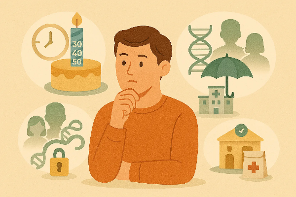 암보험 선택을 고민하는 사람과 나이·가족력·보장 필요 요소를 시각화한 따뜻한 일러스트