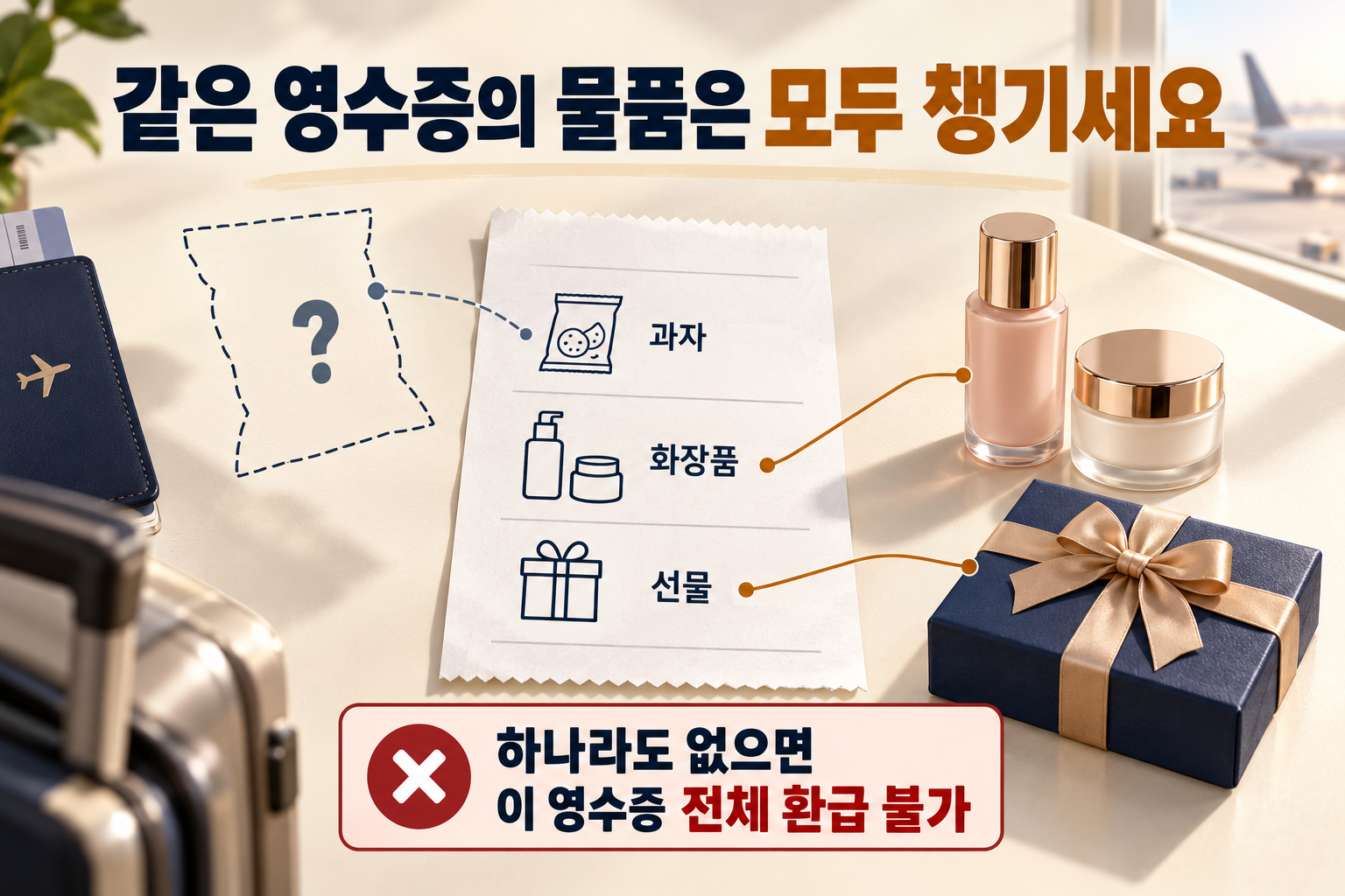 같은 영수증의 과자는 없고 화장품과 선물만 남아 구매분 전체를 환급받지 못하는 예시
