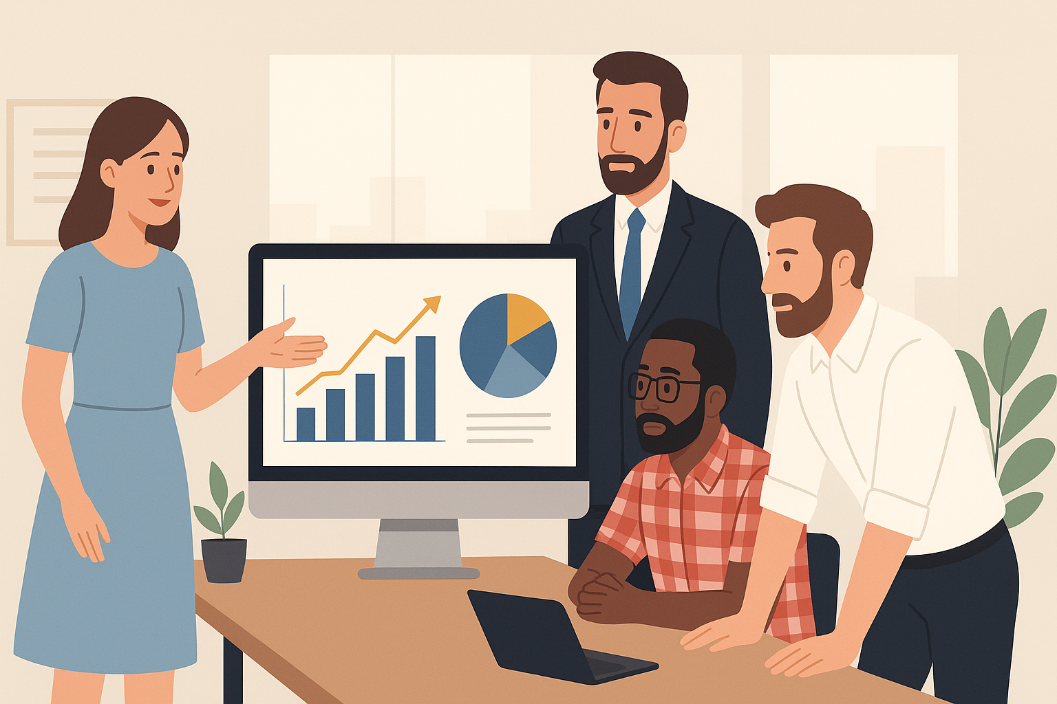 An illustration of SEO experts in a digital marketing company inspecting data from AI-driven search results.