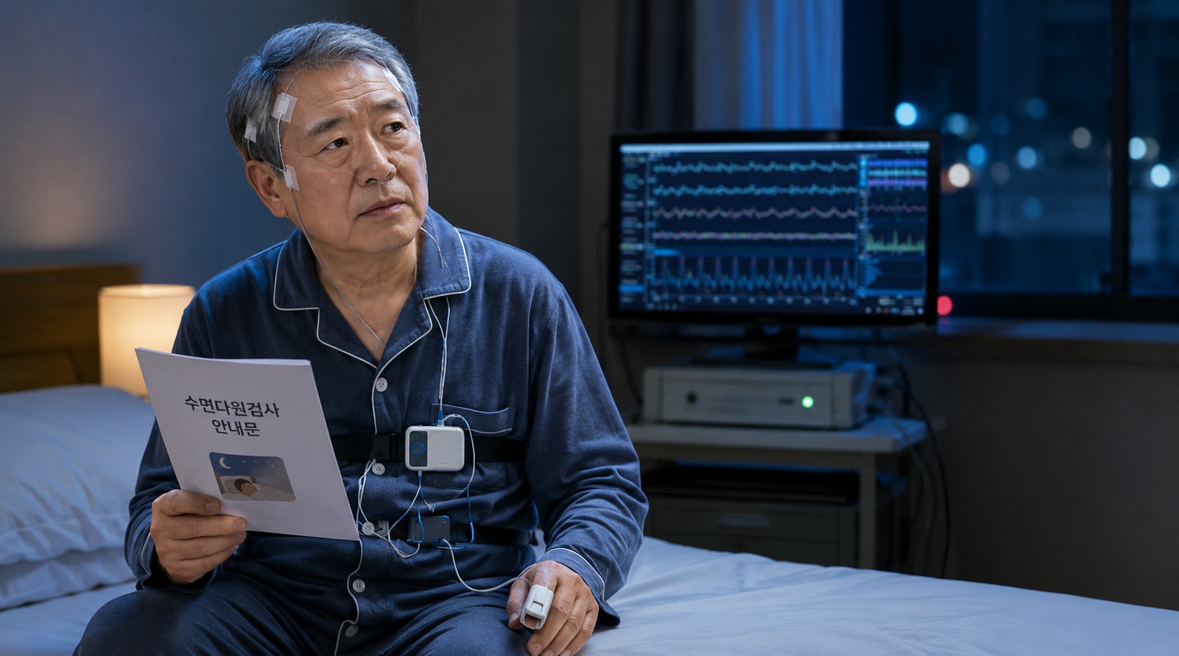 수면다원검사를 앞두고 검사 결과를 고민하는 60대 남성 모습