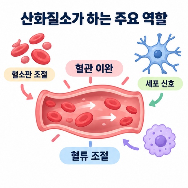 산화질소가 혈관 이완과 혈류 조절, 혈소판 조절에 관여하는 모습을 보여주는 이미지