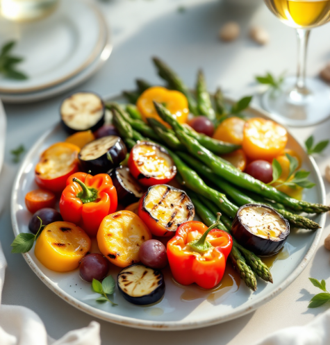 파프리카, 가지, 아스파라거스를 올리브오일에