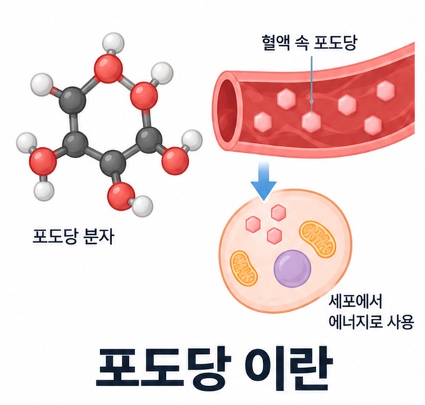포도당 이란 무엇인지 포도당 분자와 혈액, 세포 에너지를 함께 보여주는 안내 이미지