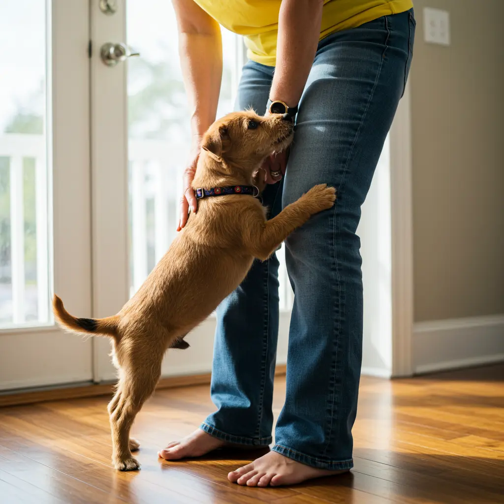 펫 전용 스마트 도어벨을 누르고 집으로 들어온 반려견이미지