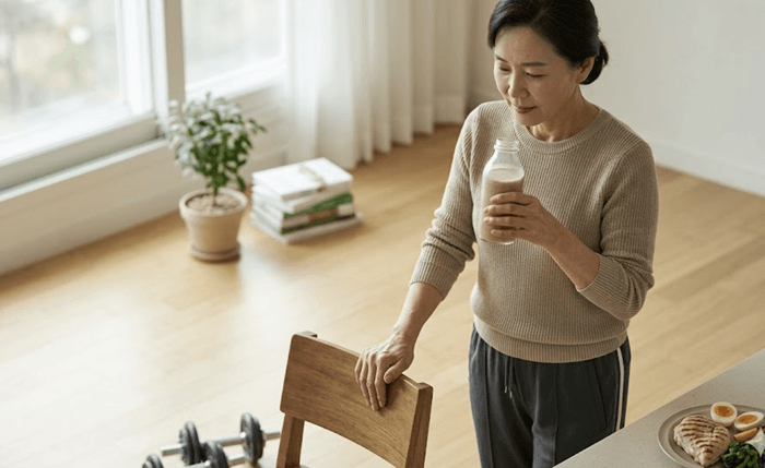 비만 치료제 사용과 병행하여 근육 손실을 막기 위한 단백질 식단과 저충격 저항 운동을 하고 있는 여성