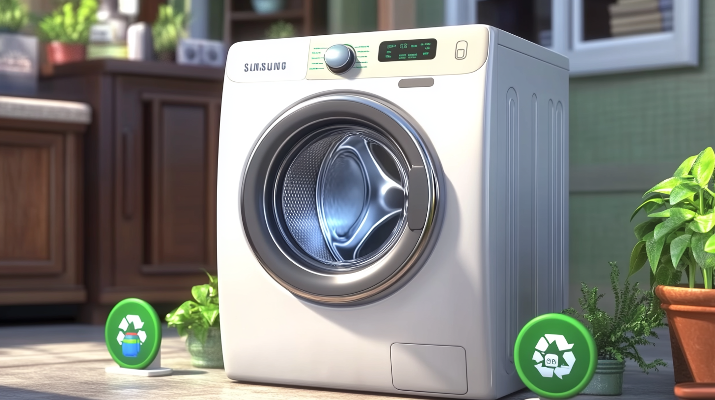 친환경적 분위기의 공간에서 녹색 식물과 저에너지 소비 아이콘으로 둘러싸인 에너지 효율적인 삼성 세탁기.