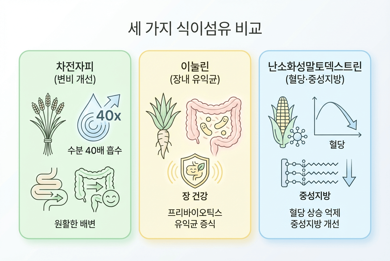 식이섬유 3종 비교 인포그래픽. 차전자피, 이눌린, 난소화성말토덱스트린 특징과 효과 시각화.