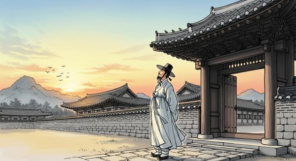 조선시대 선비가 새벽에 관청을 떠나며 하늘을 바라보는 모습