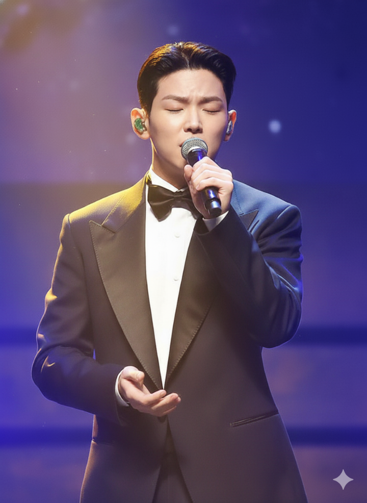 폴킴이 무대에서 마이크를 잡고 노래하는 감성적인 이미지