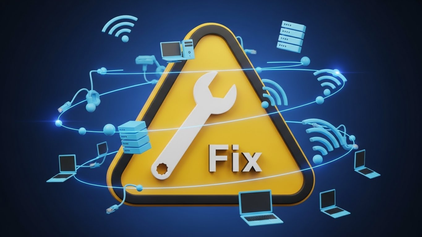 컴퓨터 온라인 오류를 해결하는 아이콘과 경고창 일러스트