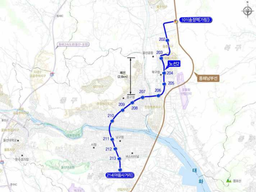 울산광역시-노면열차-트램-2호선-예정-노선도-이미지
