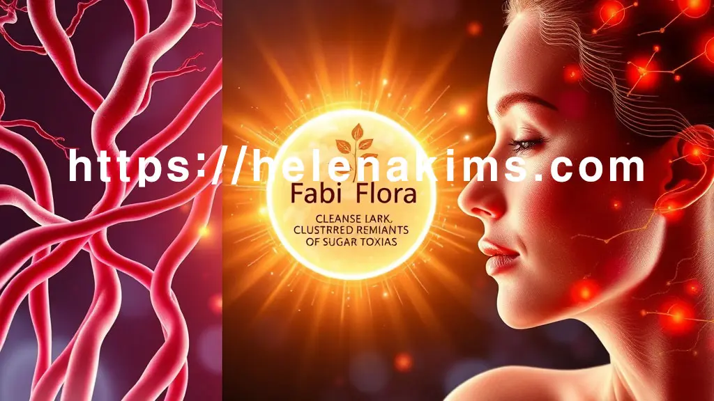 중앙에 빛나는 파비플로라 성분이 어둡게 뭉쳐진 당 독소(AGEs) 찌꺼기를 깨끗이 지워낸다. 그 효과로 왼편에는 탄력 있는 맑은 혈관이, 오른편에는 생기 넘치는 깨끗한 피부 세포의 이미지.