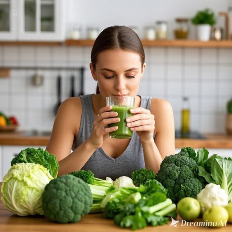건강하고 맑은 피부를 가진 여성이 십자화과 채소(브로콜리, 케일, 양배추)로 만든 초록색 스무디를 마시고 있는 모습. 배경에는 신선한 채소들과 해독을 상징하는 깨끗한 물, 자연스러운 조명이 비치는 밝고 건강한 분위기의 키친 인테리어.