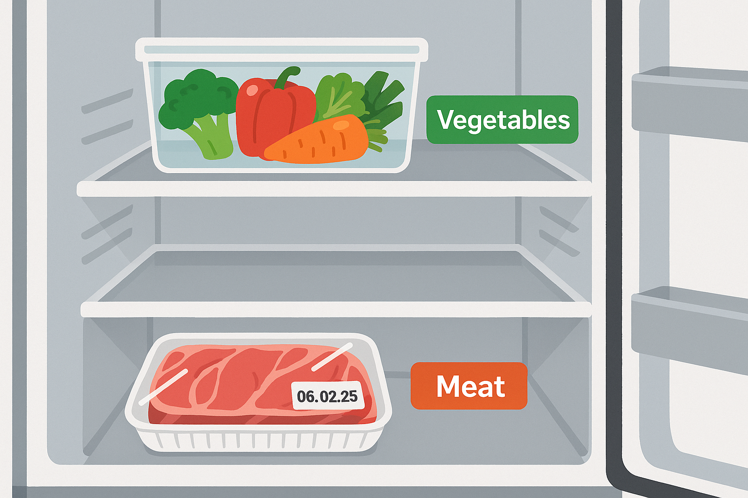 냉장고 안에서 고기를 아래 칸에, 채소를 위 칸에 분리 보관한 모습