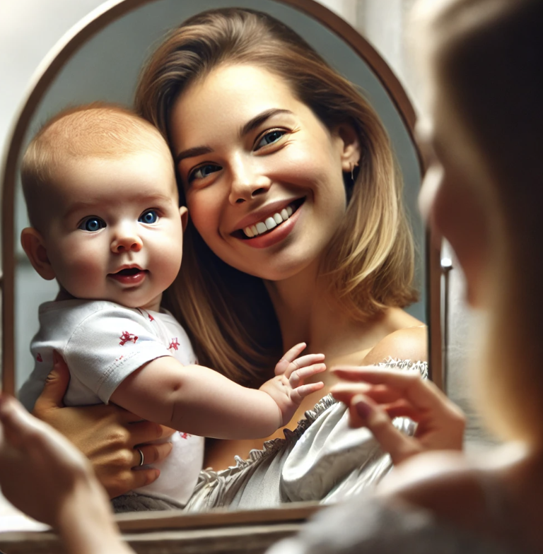 실내놀이로 거울보기 중인 워킹맘과 아기