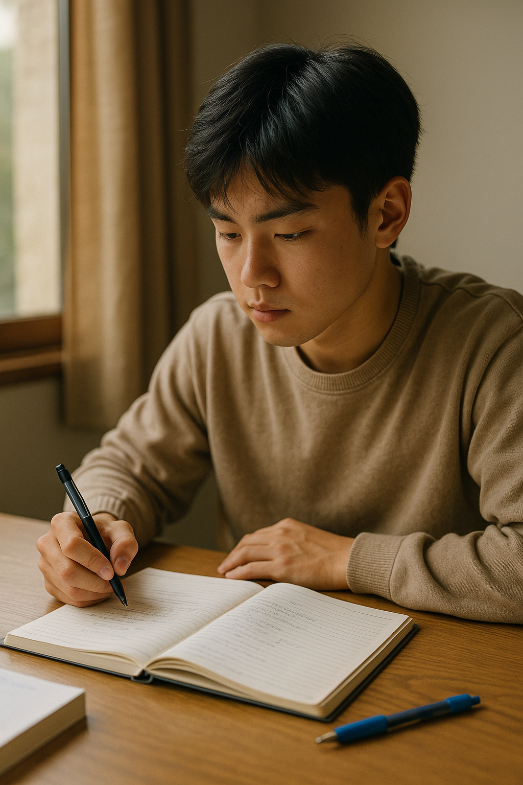 학생이 시험 준비를 위해 집중하는 모습: