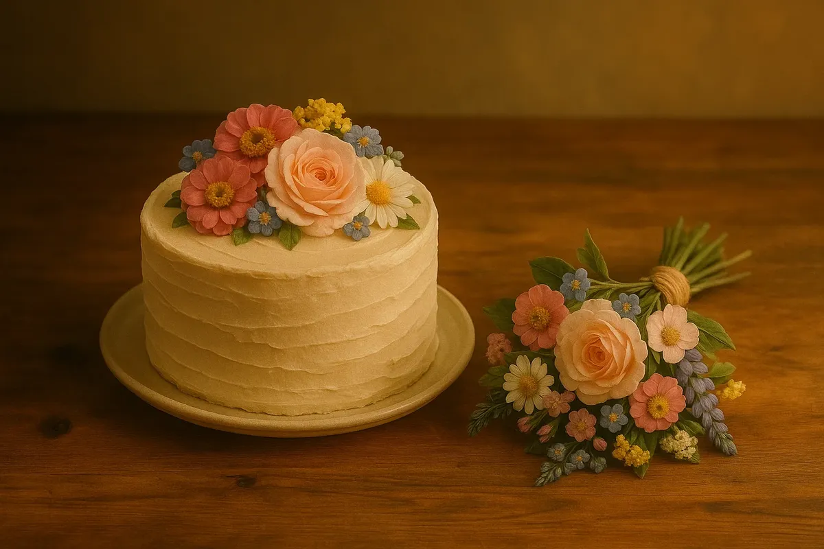 꽃 장식 케이크와 꽃다발