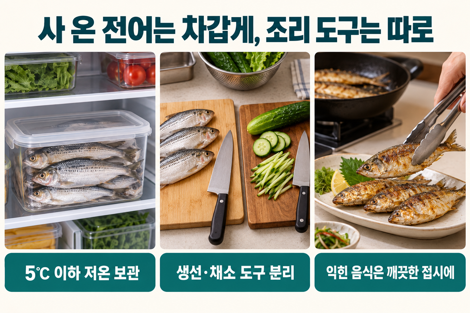 전어를 덮개 있는 용기에 차갑게 보관하고 생선&middot;채소의 도구와 완성 음식의 접시를 나누는 실사 안내.