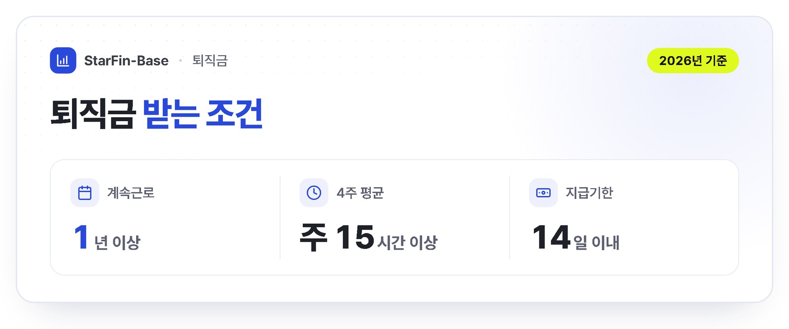 퇴직금 받는 조건과 계산식 - 계속근로 1년 이상, 4주 평균 주 15시간 이상, 퇴직 후 14일 이내 지급
