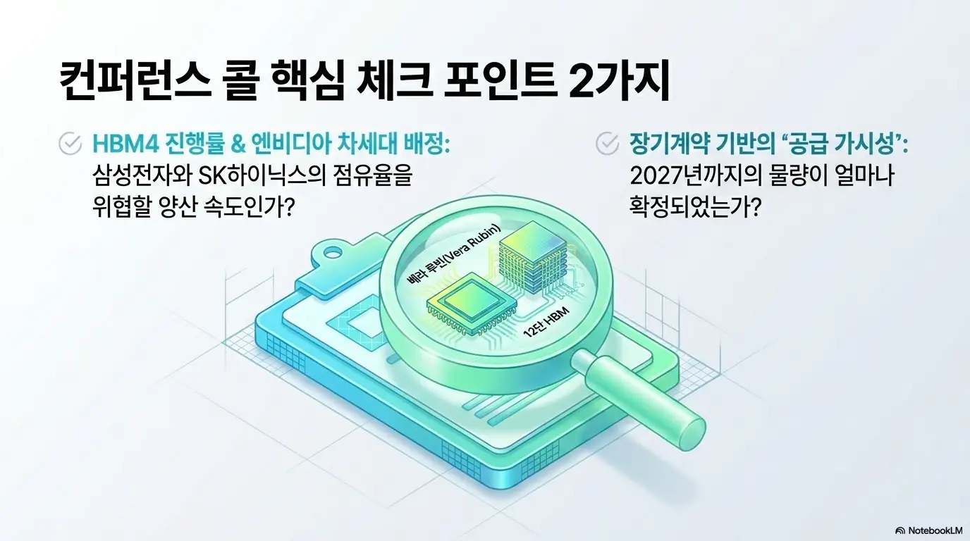 마이크론 실적 발표 결과: &amp;#39;컨퍼런스 콜 핵심 체크 포인트 2가지&amp;#39;라는 문구와 베라 루빈&middot;12단 HBM 돋보기 일러스트가 담긴 이미지. 이 이미지는 마이크론 실적발표에서 HBM4 양산 진척과 2027년 공급 가시성을 확인해야 한다는 점을 시각적으로 전달하며&amp;#44; 블로그의 마이크론 HBM4 관전 포인트와 관련된 내용을 설명함 