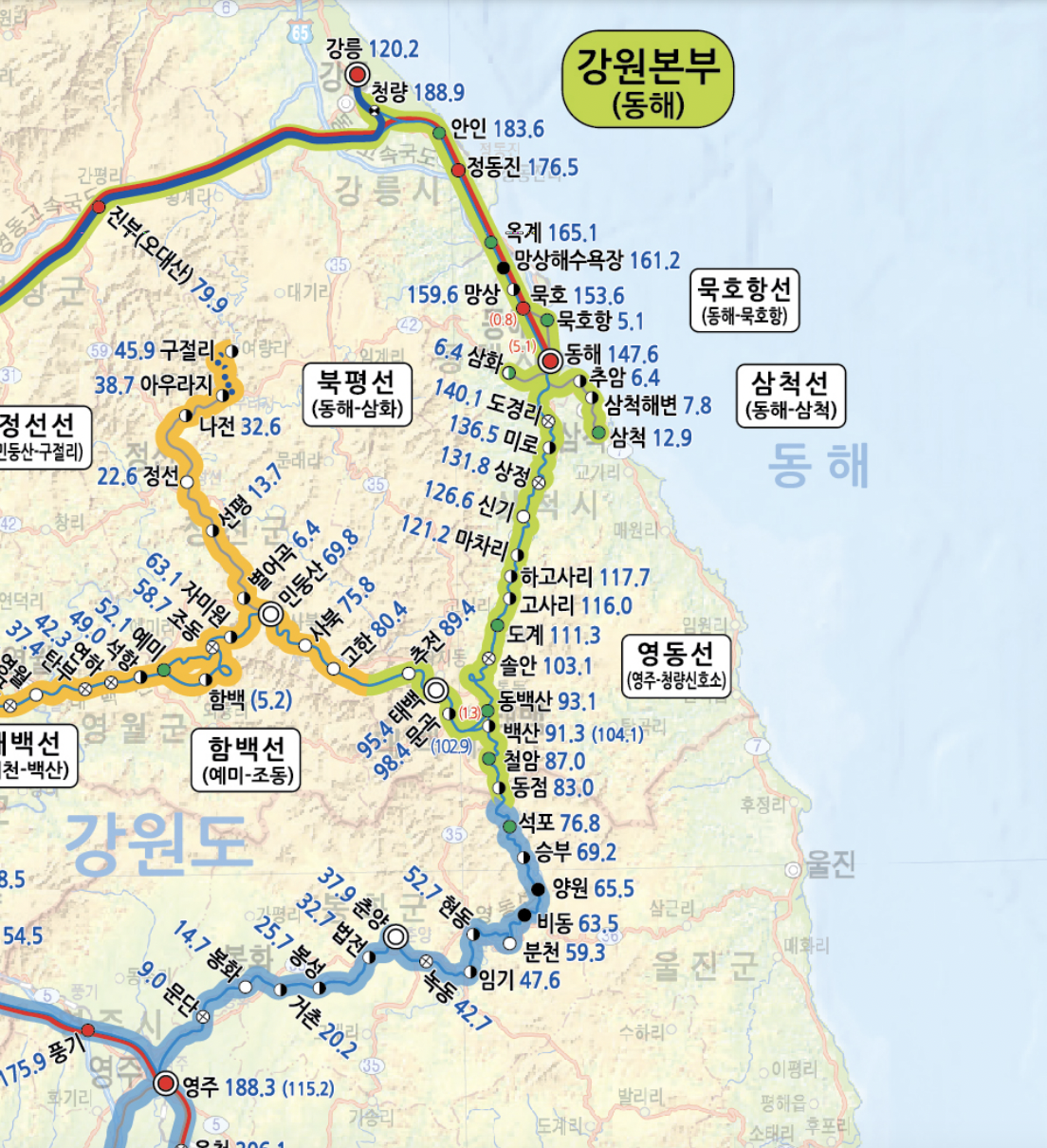 영동선 열차 노선도