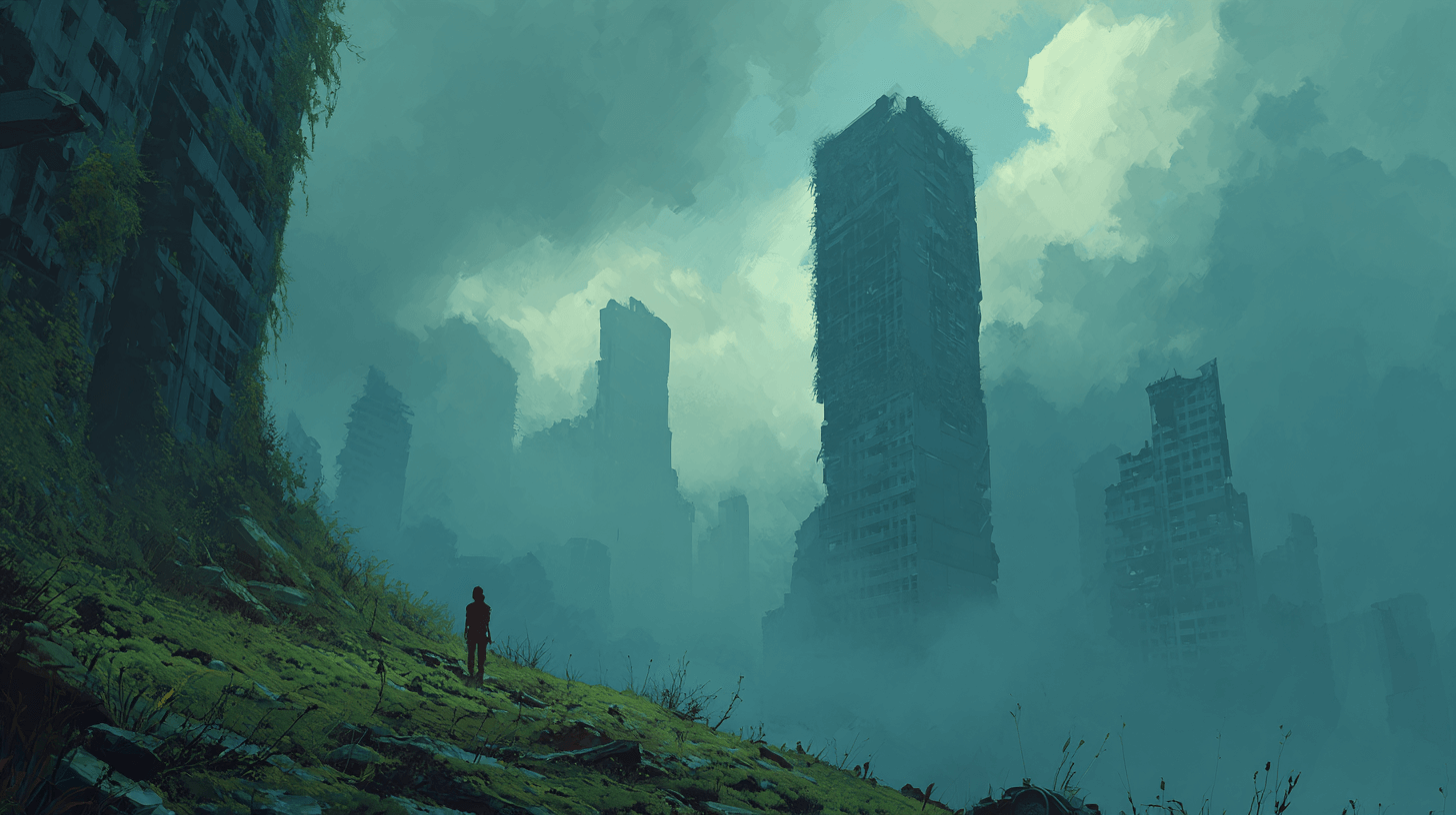 폐허가-된-도심의-한가운데-서-있는-사람