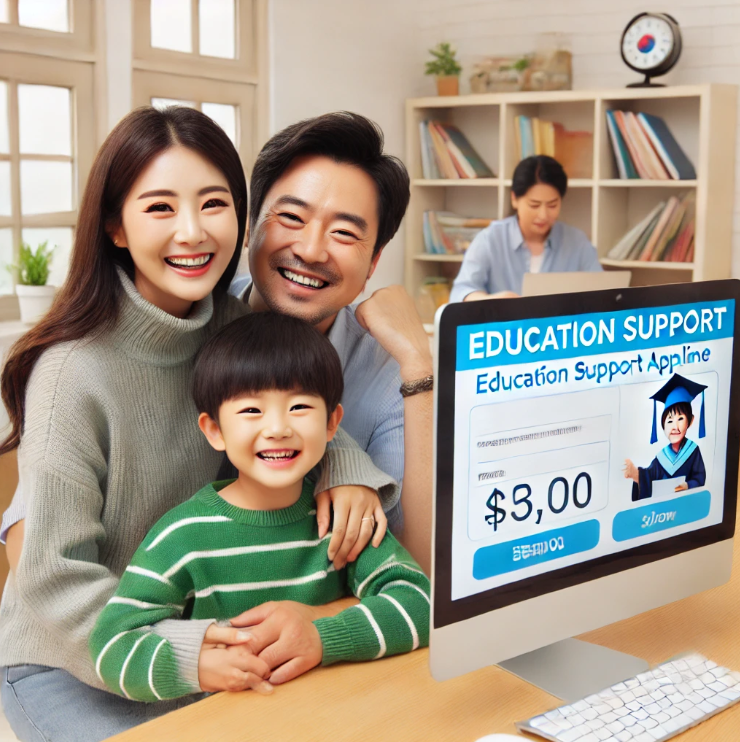 컴퓨터로 유아학비 지원 신청을 확인하는 가족의 모습