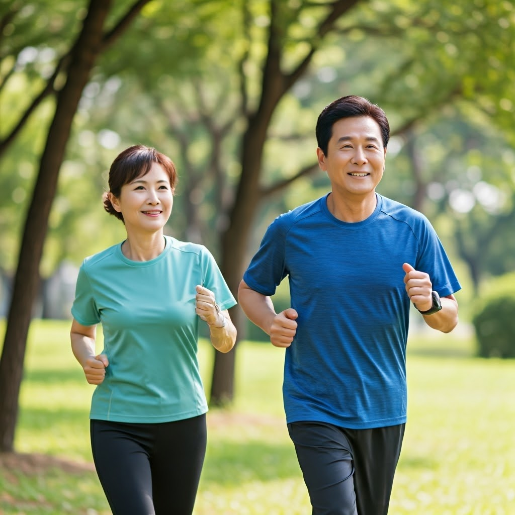 공원에서 가볍게 운동중인 50대 부부 사진
