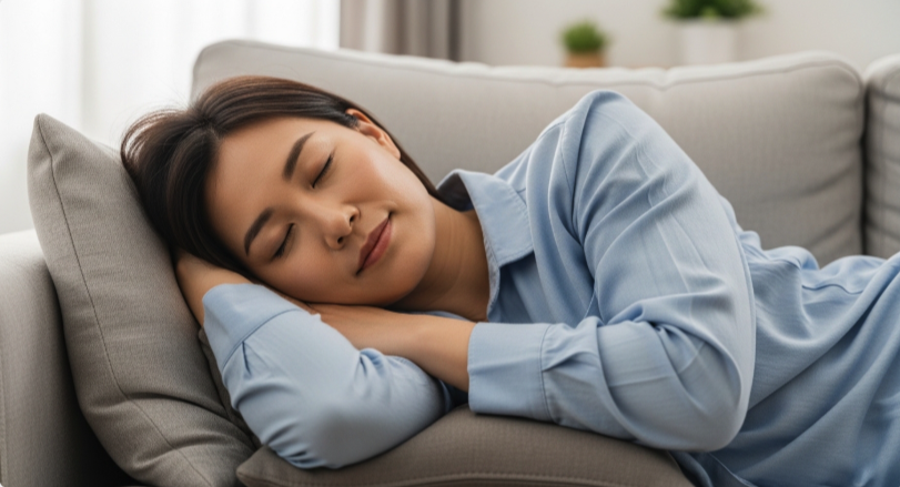 머리 통증 완화를 위해 휴식을 취하는 모습