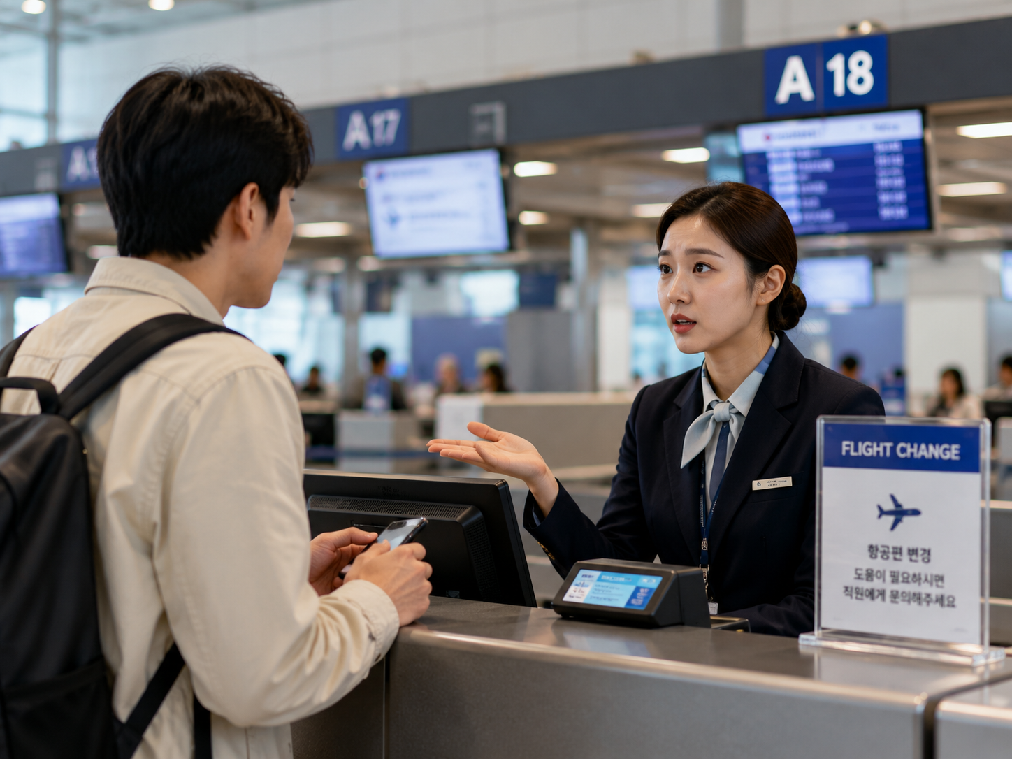 공항 카운터에서 항공편 변경 안내