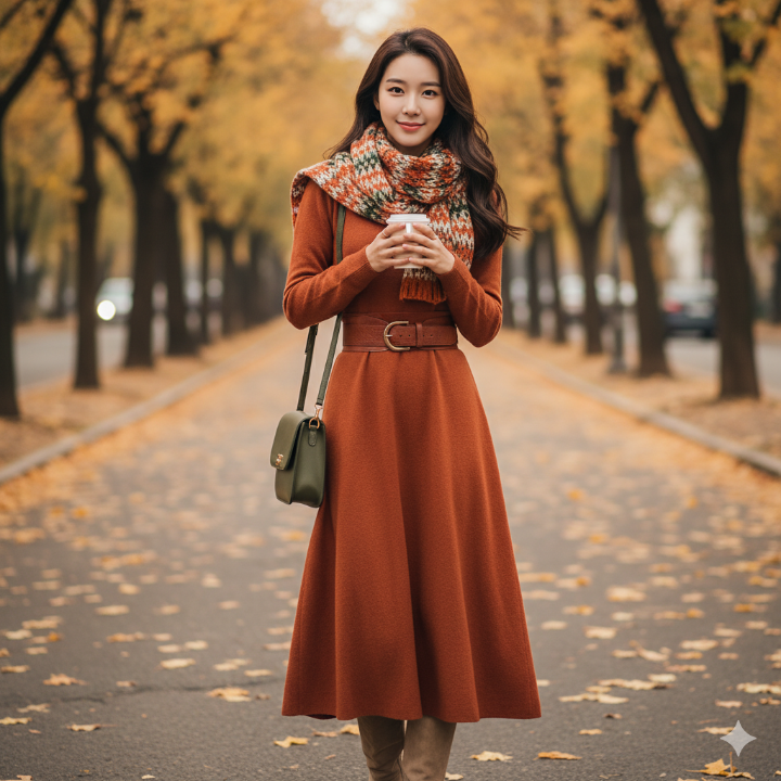 허리 라인을 벨트로 강조한 여성의 가을 원피스 코디
