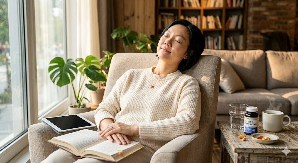 태블릿과 책을 보던 중 눈의 피로를 풀기 위해 의자에 기대어 눈을 감고 휴식을 취하는 여성과 책상 위에 놓인 루테인 영양제