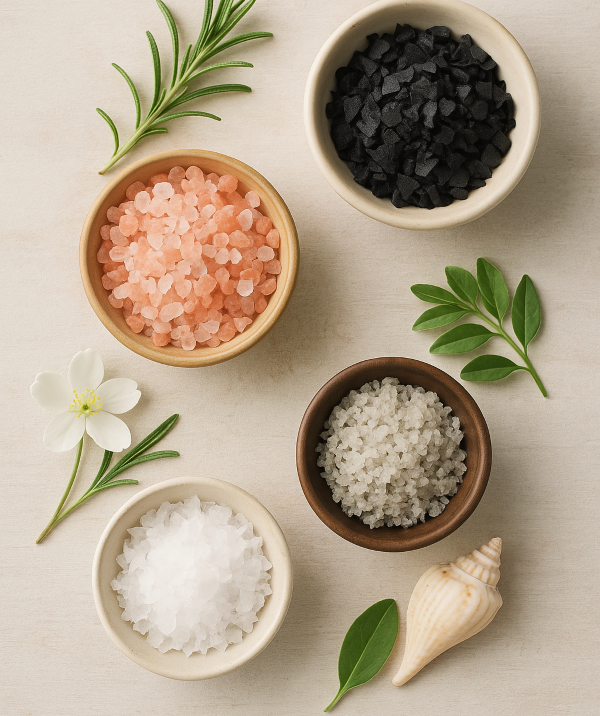 "핑크솔트, 블랙솔트, 셀그리스, 씨솔트 등 네 가지 천연 소금을 나무 보울에 담아 밝은 톤 배경에 배열한 이미지"