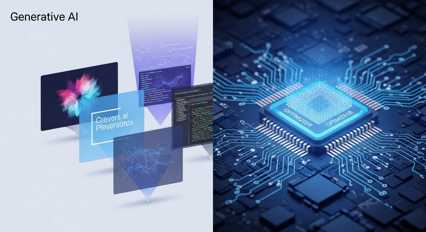 생성형 AI 기술의 진화와 AI 반도체의 복잡하고 정교한 내부 구조를 보여주는 미래지향적 이미지.