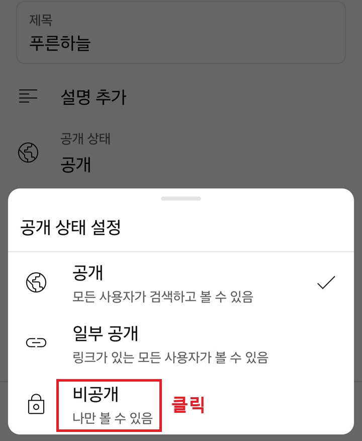 공개 상태 설정 창 보임