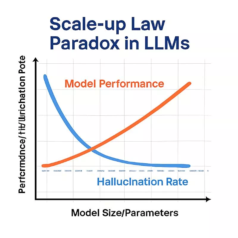 규모 확대 법칙 그래프: 모델 크기가 증가함에 따라 성능은 향상되지만 환각(Halucination) 비율이 0으로 수렴하지 않고 일정 수준 유지되는 것을 보여주는 도표.