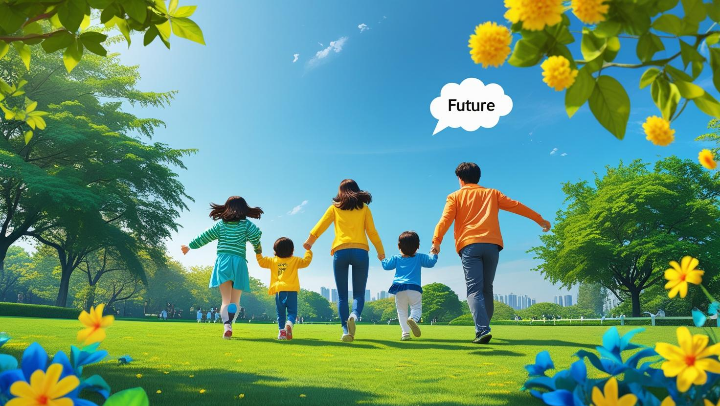 활기차게 뛰어노는 아이들과 행복한 한국인 가족