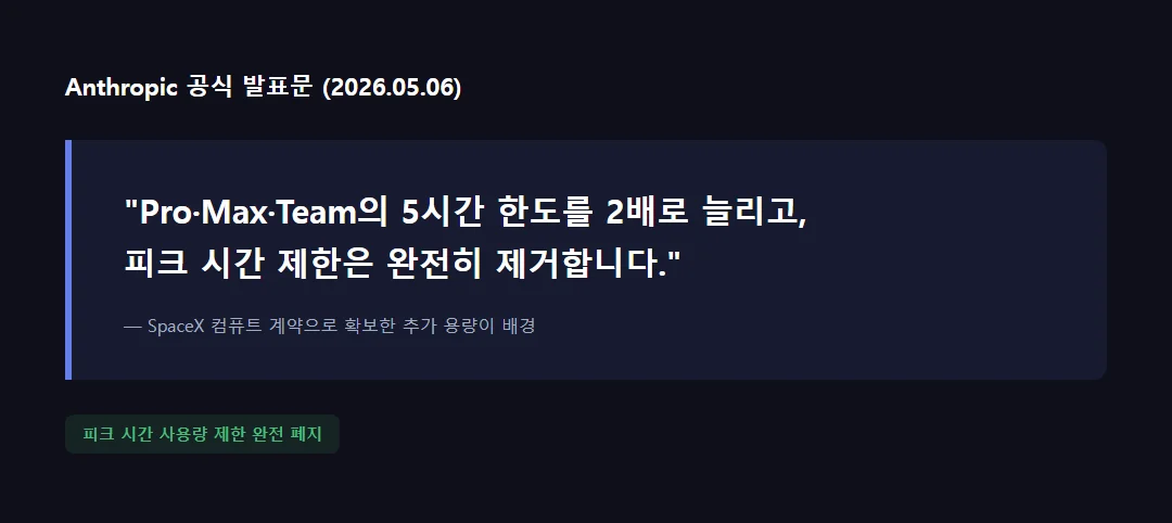 Anthropic 공식 발표문 인용 - 5시간 한도 2배 상향 및 피크 시간 제한 제거