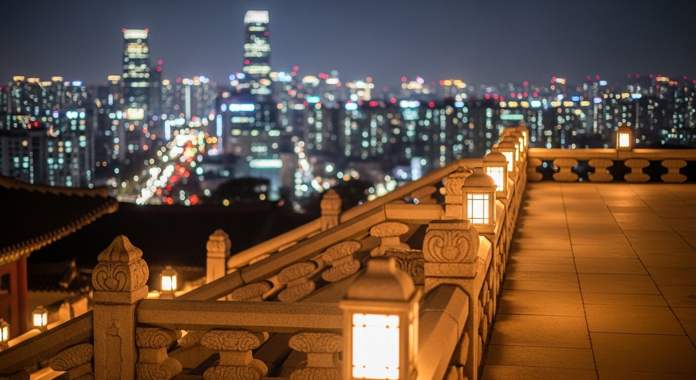 야경 속 석조전 난간과 조명 등불