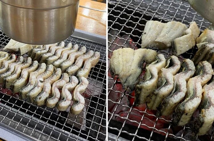 초벌된 장어가 숯불 위에 올라간 장어